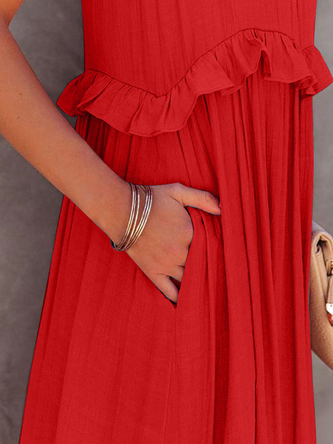 Ruffled Sleeveless Tiered Maxi Dress with Pockets - store name